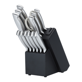 16 dalių nerūdijančio plieno virtuvinių peilių rinkinys su tuščiavidure rankena, 3Cr serijos ašmenys, įmontuotas šlifuoklis ir masyvaus medžio peilių laikiklis