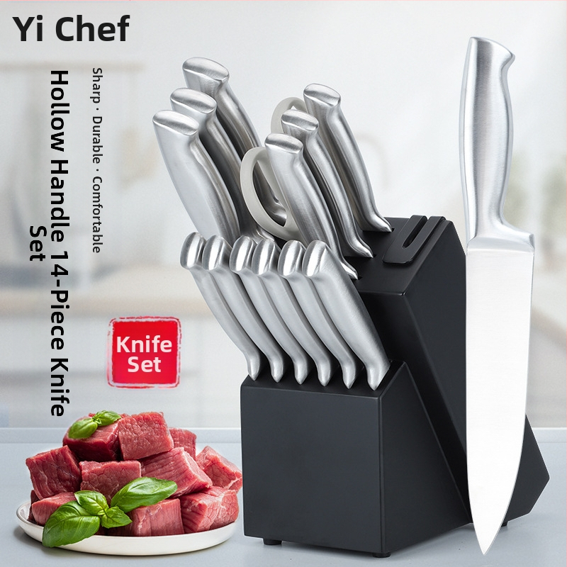 16 dalių nerūdijančio plieno virtuvinių peilių rinkinys su tuščiavidure rankena, 3Cr serijos ašmenys, įmontuotas šlifuoklis ir masyvaus medžio peilių laikiklis