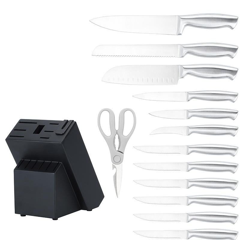 16 dalių nerūdijančio plieno virtuvinių peilių rinkinys su tuščiavidure rankena, 3Cr serijos ašmenys, įmontuotas šlifuoklis ir masyvaus medžio peilių laikiklis