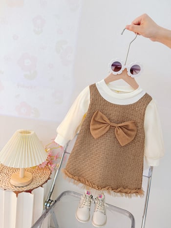 Princesės stiliaus medvilninė suknelė mergaitėms, A linijos siluetas, ilgomis rankovėmis, vienspalvis raštas