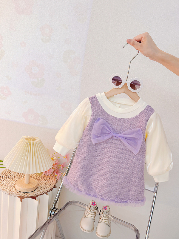 Princesės stiliaus medvilninė suknelė mergaitėms, A linijos siluetas, ilgomis rankovėmis, vienspalvis raštas