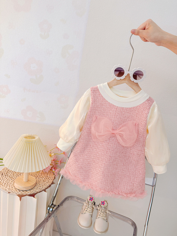 Princesės stiliaus medvilninė suknelė mergaitėms, A linijos siluetas, ilgomis rankovėmis, vienspalvis raštas