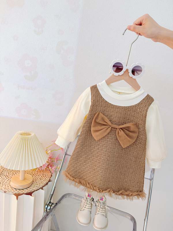 Princesės stiliaus medvilninė suknelė mergaitėms, A linijos siluetas, ilgomis rankovėmis, vienspalvis raštas