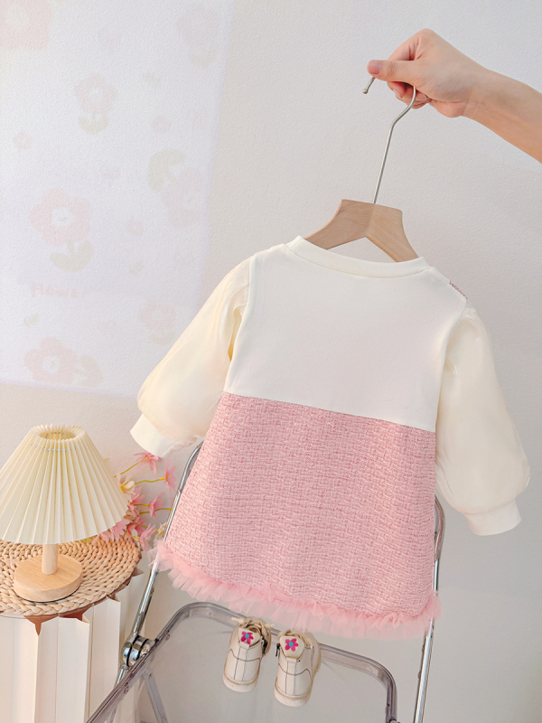 Princesės stiliaus medvilninė suknelė mergaitėms, A linijos siluetas, ilgomis rankovėmis, vienspalvis raštas