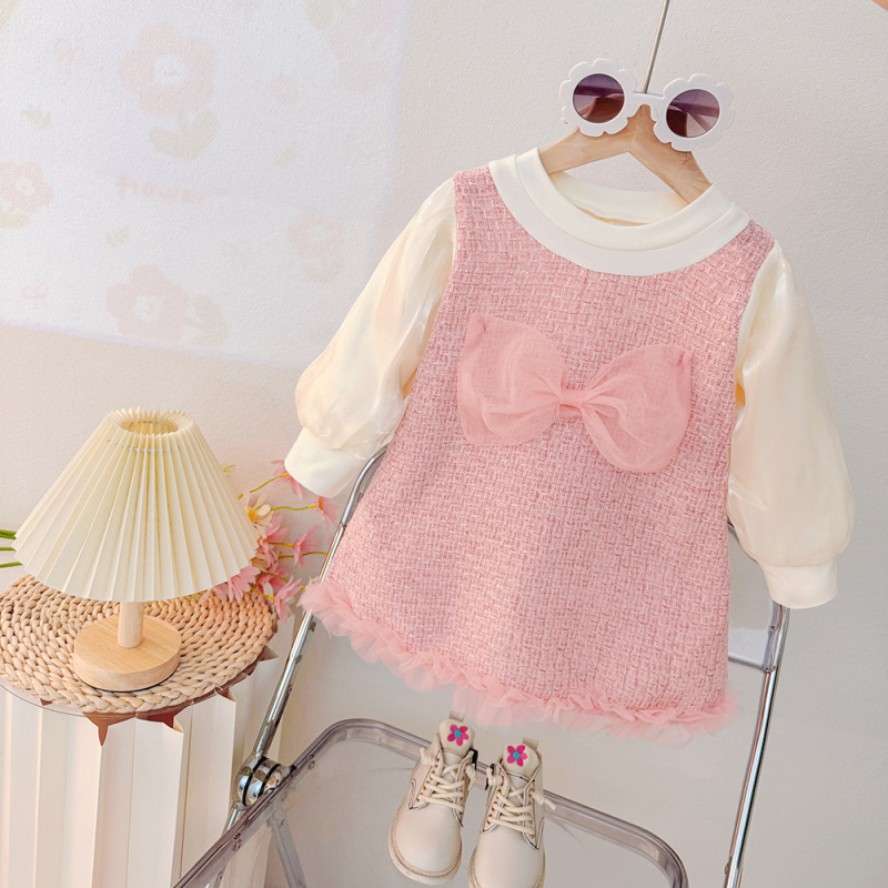 Princesės stiliaus medvilninė suknelė mergaitėms, A linijos siluetas, ilgomis rankovėmis, vienspalvis raštas