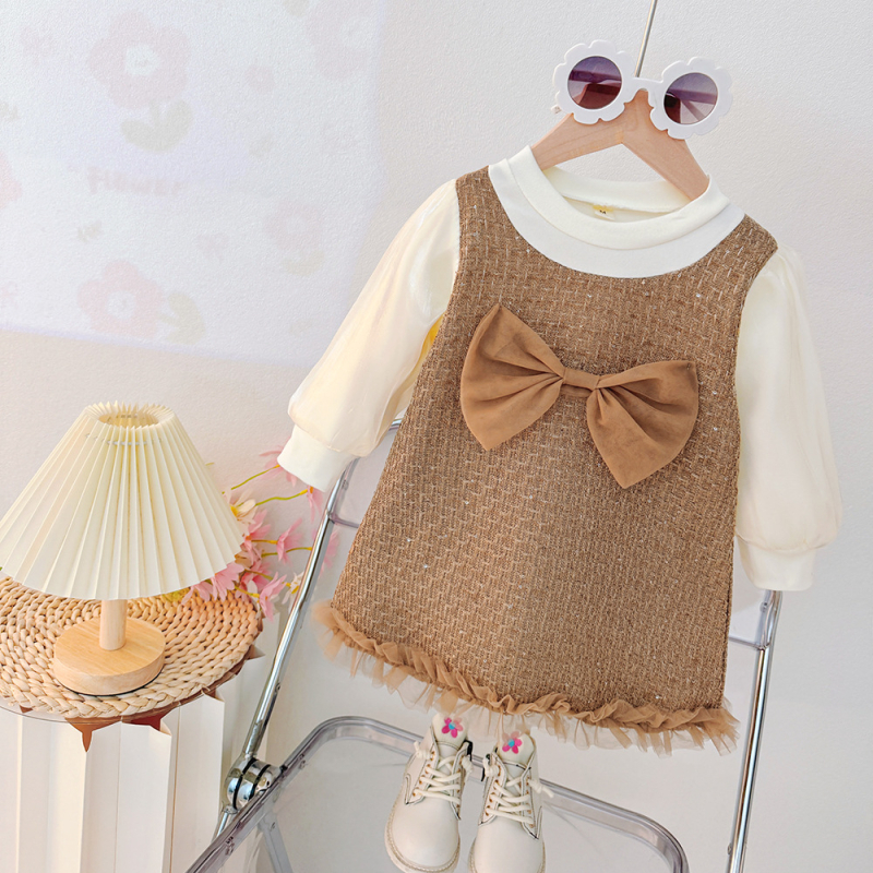 Princesės stiliaus medvilninė suknelė mergaitėms, A linijos siluetas, ilgomis rankovėmis, vienspalvis raštas