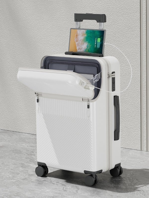 Elülső nyitású multifunkcionális poggyász, ABS+PC, USB port, pohártartó, nedves/száraz elkülönítés, univerzális kerekek