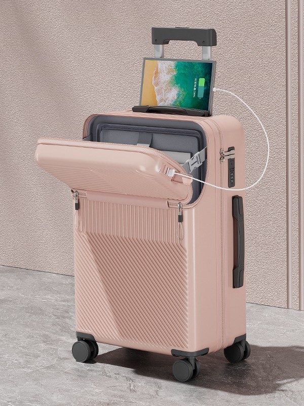 Elülső nyitású multifunkcionális poggyász, ABS+PC, USB port, pohártartó, nedves/száraz elkülönítés, univerzális kerekek