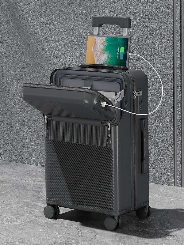 Elülső nyitású multifunkcionális poggyász, ABS+PC, USB port, pohártartó, nedves/száraz elkülönítés, univerzális kerekek