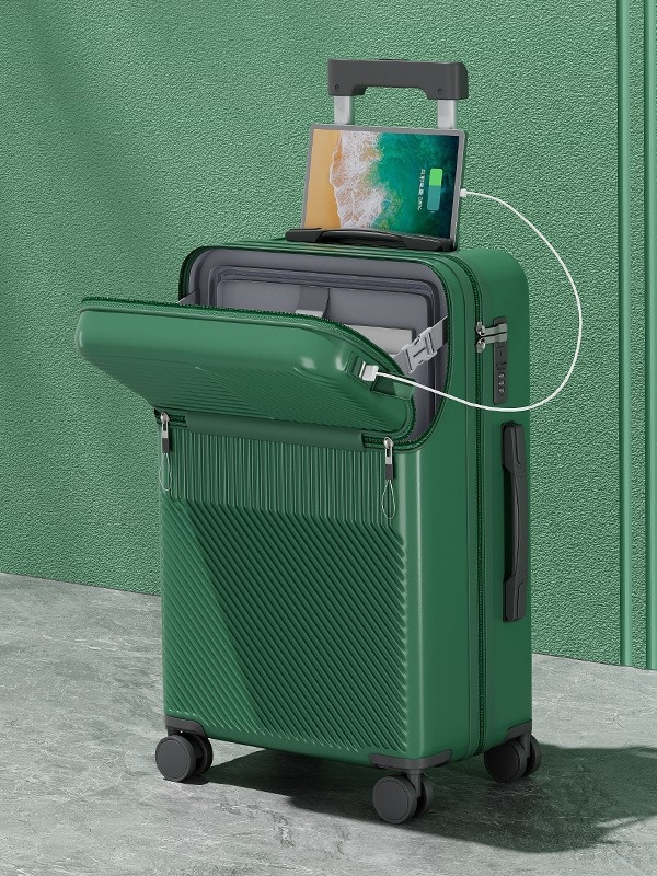 Elülső nyitású multifunkcionális poggyász, ABS+PC, USB port, pohártartó, nedves/száraz elkülönítés, univerzális kerekek