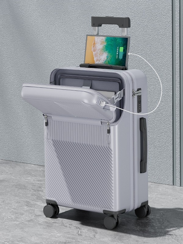 Elülső nyitású multifunkcionális poggyász, ABS+PC, USB port, pohártartó, nedves/száraz elkülönítés, univerzális kerekek