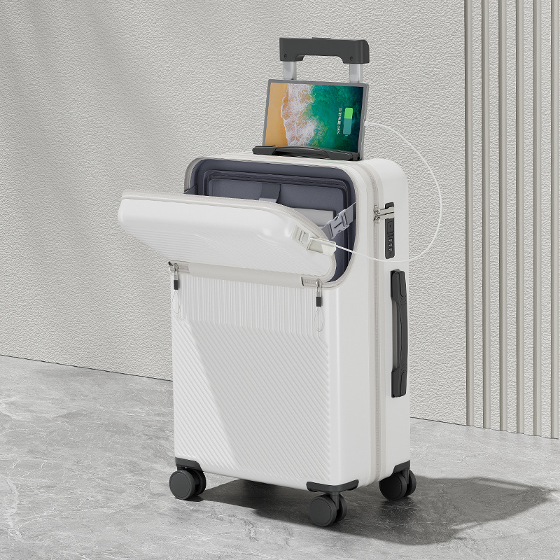 Elülső nyitású multifunkcionális poggyász, ABS+PC, USB port, pohártartó, nedves/száraz elkülönítés, univerzális kerekek