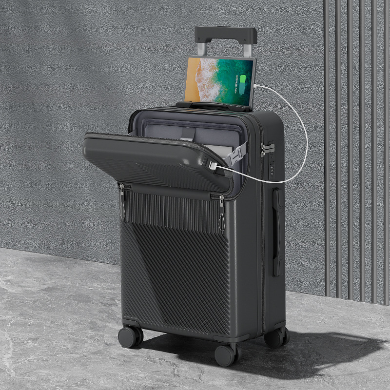 Elülső nyitású multifunkcionális poggyász, ABS+PC, USB port, pohártartó, nedves/száraz elkülönítés, univerzális kerekek