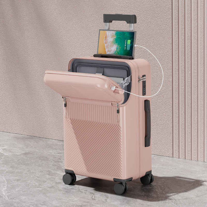 Elülső nyitású multifunkcionális poggyász, ABS+PC, USB port, pohártartó, nedves/száraz elkülönítés, univerzális kerekek