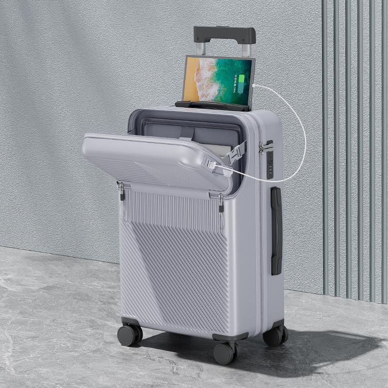 Elülső nyitású multifunkcionális poggyász, ABS+PC, USB port, pohártartó, nedves/száraz elkülönítés, univerzális kerekek