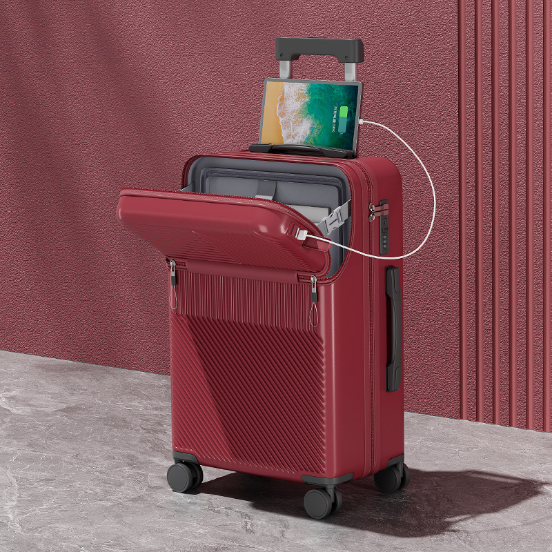 Elülső nyitású multifunkcionális poggyász, ABS+PC, USB port, pohártartó, nedves/száraz elkülönítés, univerzális kerekek