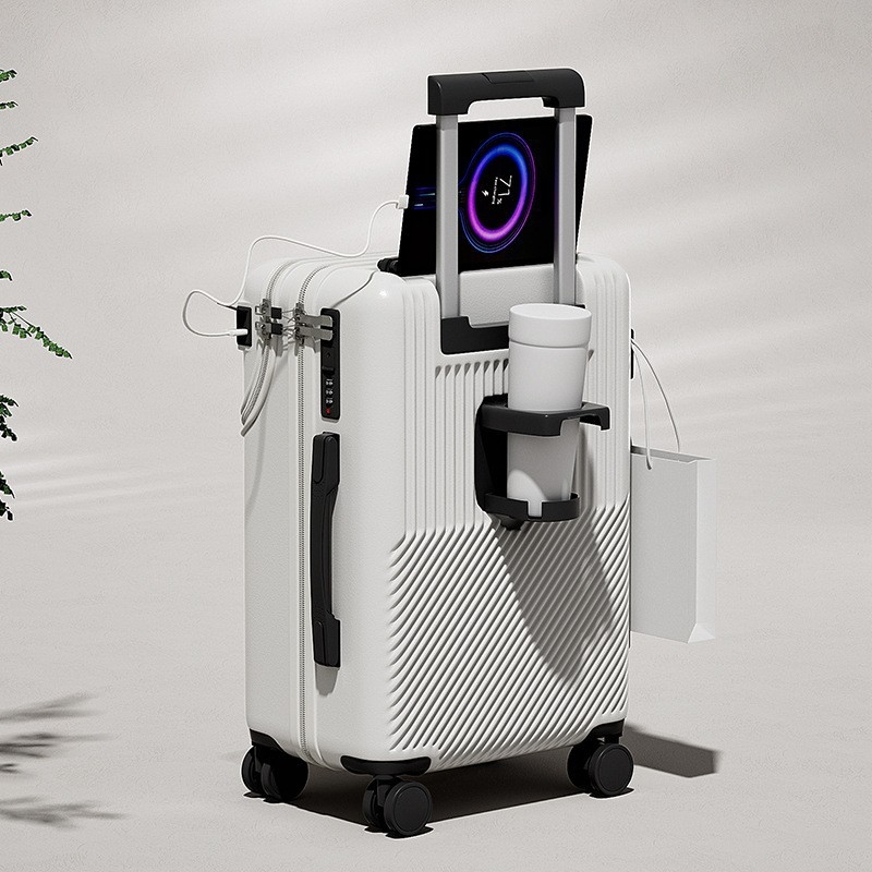 Elülső nyitású multifunkcionális poggyász, ABS+PC, USB port, pohártartó, nedves/száraz elkülönítés, univerzális kerekek