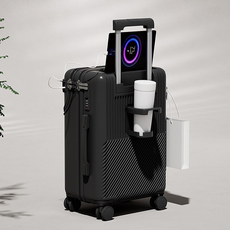 Elülső nyitású multifunkcionális poggyász, ABS+PC, USB port, pohártartó, nedves/száraz elkülönítés, univerzális kerekek