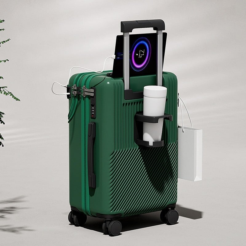 Elülső nyitású multifunkcionális poggyász, ABS+PC, USB port, pohártartó, nedves/száraz elkülönítés, univerzális kerekek