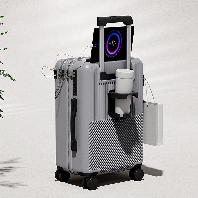 Elülső nyitású multifunkcionális poggyász, ABS+PC, USB port, pohártartó, nedves/száraz elkülönítés, univerzális kerekek