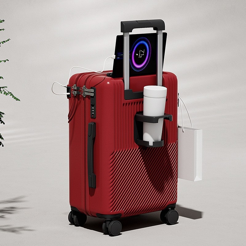 Elülső nyitású multifunkcionális poggyász, ABS+PC, USB port, pohártartó, nedves/száraz elkülönítés, univerzális kerekek