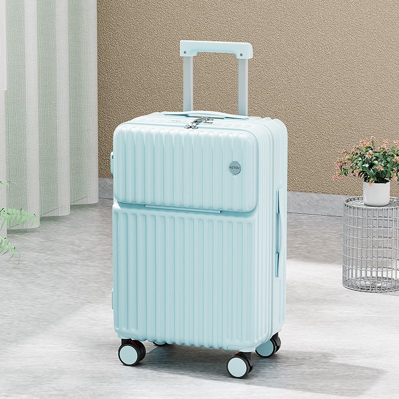 Elülső nyitású multifunkcionális poggyász, ABS+PC, USB port, pohártartó, nedves/száraz elkülönítés, univerzális kerekek