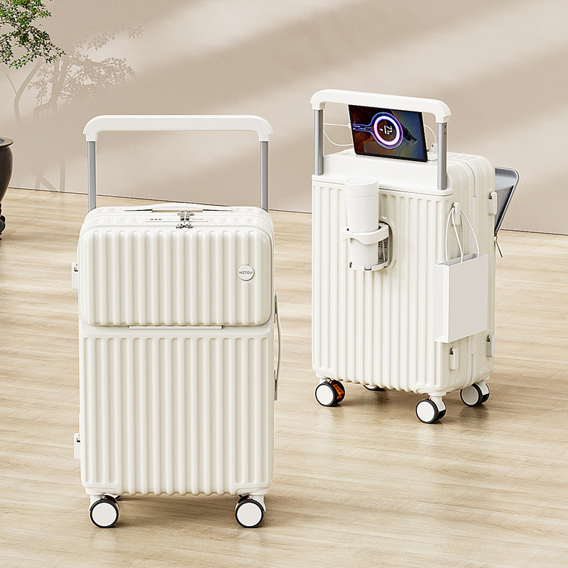 Elülső nyitású multifunkcionális poggyász, ABS+PC, USB port, pohártartó, nedves/száraz elkülönítés, univerzális kerekek