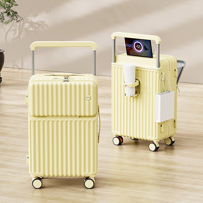 Elülső nyitású multifunkcionális poggyász, ABS+PC, USB port, pohártartó, nedves/száraz elkülönítés, univerzális kerekek