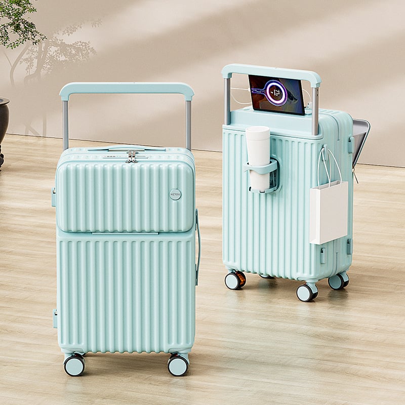 Elülső nyitású multifunkcionális poggyász, ABS+PC, USB port, pohártartó, nedves/száraz elkülönítés, univerzális kerekek