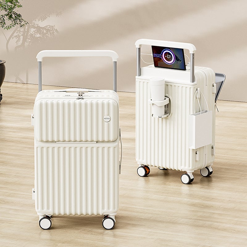 Elülső nyitású multifunkcionális poggyász, ABS+PC, USB port, pohártartó, nedves/száraz elkülönítés, univerzális kerekek