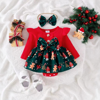 Vaikų ilgų rankovių suknelė su karikatūriniu Kalėdų Senelio siuvinėjimu, pagrindinis audinys: medvilnė, pamušalas: poliesteris, amžiaus grupė: 3–8 metų.