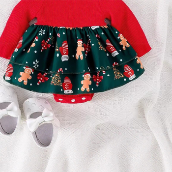 Vaikų ilgų rankovių suknelė su karikatūriniu Kalėdų Senelio siuvinėjimu, pagrindinis audinys: medvilnė, pamušalas: poliesteris, amžiaus grupė: 3–8 metų.