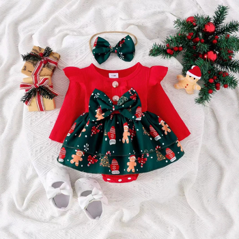 Vaikų ilgų rankovių suknelė su karikatūriniu Kalėdų Senelio siuvinėjimu, pagrindinis audinys: medvilnė, pamušalas: poliesteris, amžiaus grupė: 3–8 metų.