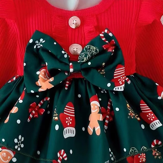 Vaikų ilgų rankovių suknelė su karikatūriniu Kalėdų Senelio siuvinėjimu, pagrindinis audinys: medvilnė, pamušalas: poliesteris, amžiaus grupė: 3–8 metų.