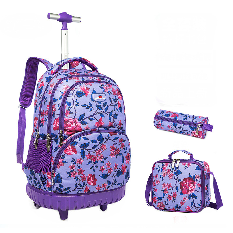 Trys dalių riedančių mokyklinių kuprinių komplektas pradiniam mokiniui — Oxford audinys, gėlių raštas, kvėpuojantis ir naštos lengvinimas