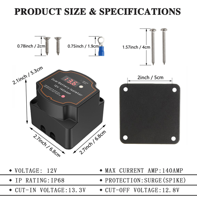 BOMAN BG006 Έξυπνος Διαχωριστής Δύο Μπαταριών με Ψηφιακή Οθόνη, 12V 140A, Ρελέ VSR για RV/SUV/φορτηγό/σκάφος/καραβάν