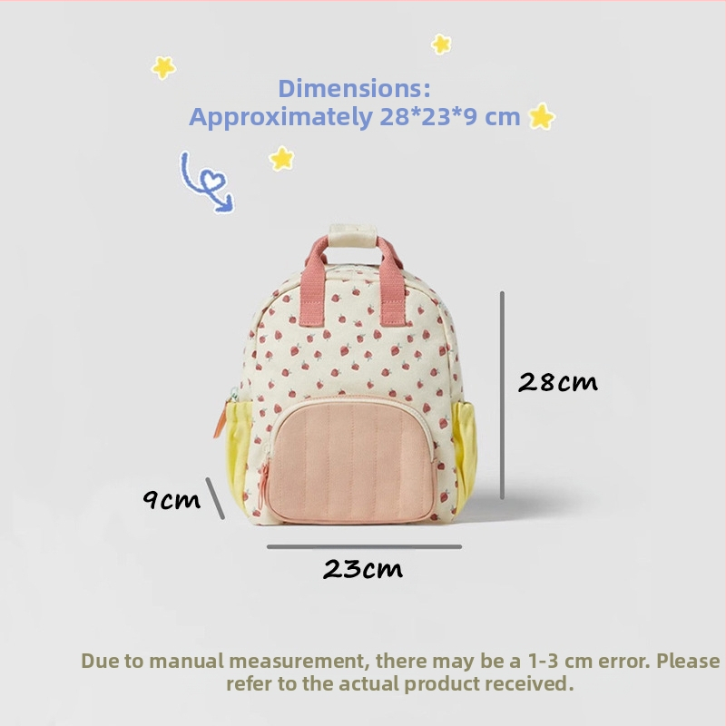 Pamut vászon hátizsák óvodások számára mindennapi használatra, eper mintával, ultra könnyű és lélegző, ívelt vállpántok, belső pamut bélés