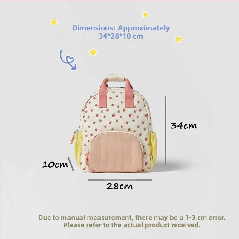 Pamut vászon hátizsák óvodások számára mindennapi használatra, eper mintával, ultra könnyű és lélegző, ívelt vállpántok, belső pamut bélés