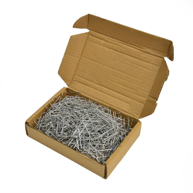 Галванизирани флорални пирони за аранжиране на цветя: M-образни и U-образни игли, метал, кутия, рязане по матрица; съдържа 600 M-типа пирони в кутия, 100 пирони в пакет, 300 допълнителни M-типа пирони