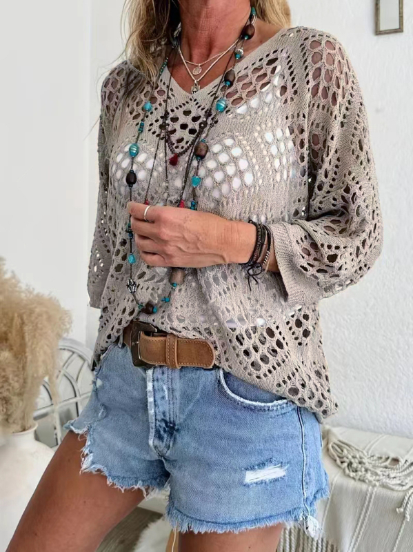 Bluza cardigan tricotată pentru femei cu decupaje în V, mâneci lungi, croială lejeră, poliester