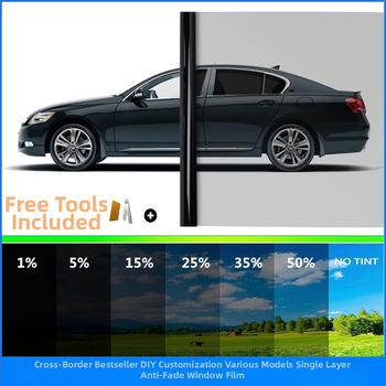 Automašīnas loga saules aizsardzības plēve, PET membrāna, 1 mil biezums, izolācija 70–90%, UV aizsardzība 95%, noņemams līmes slānis