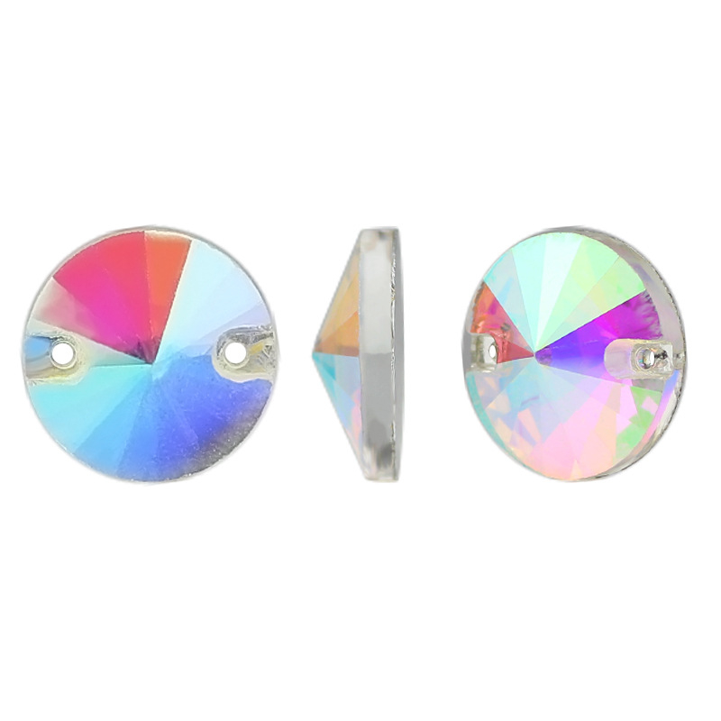 Üvegből készült rhinestone varráshoz, kettős lyukú, körsatelit rögzítés, sík aljzat, Hirback minta, elektroplating