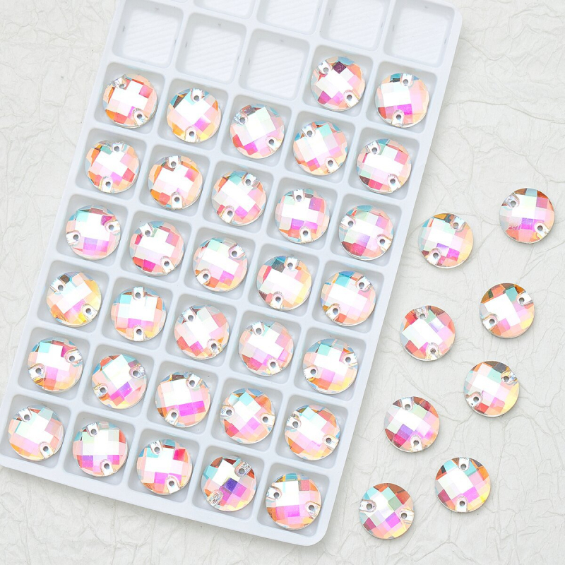 Üvegből készült rhinestone varráshoz, kettős lyukú, körsatelit rögzítés, sík aljzat, Hirback minta, elektroplating