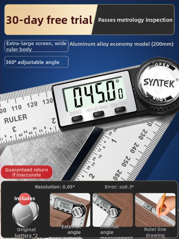 Ηλεκτρονικός ψηφιακός χάρακας γωνίας με οθόνη — υψηλής ακρίβειας, 360° πολυλειτουργικός χάρακας από ανοξείδωτο ατσάλι