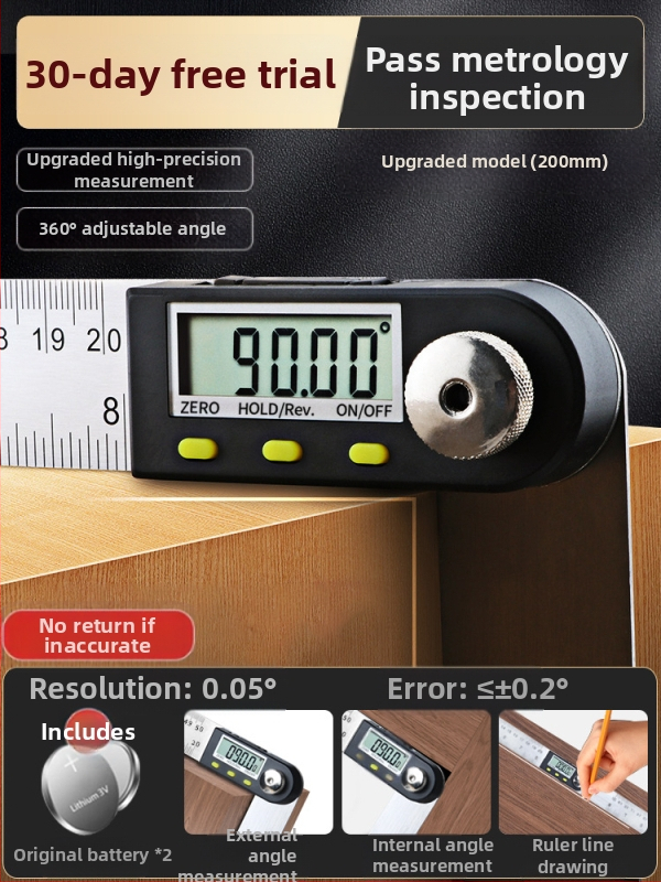 Ηλεκτρονικός ψηφιακός χάρακας γωνίας με οθόνη — υψηλής ακρίβειας, 360° πολυλειτουργικός χάρακας από ανοξείδωτο ατσάλι