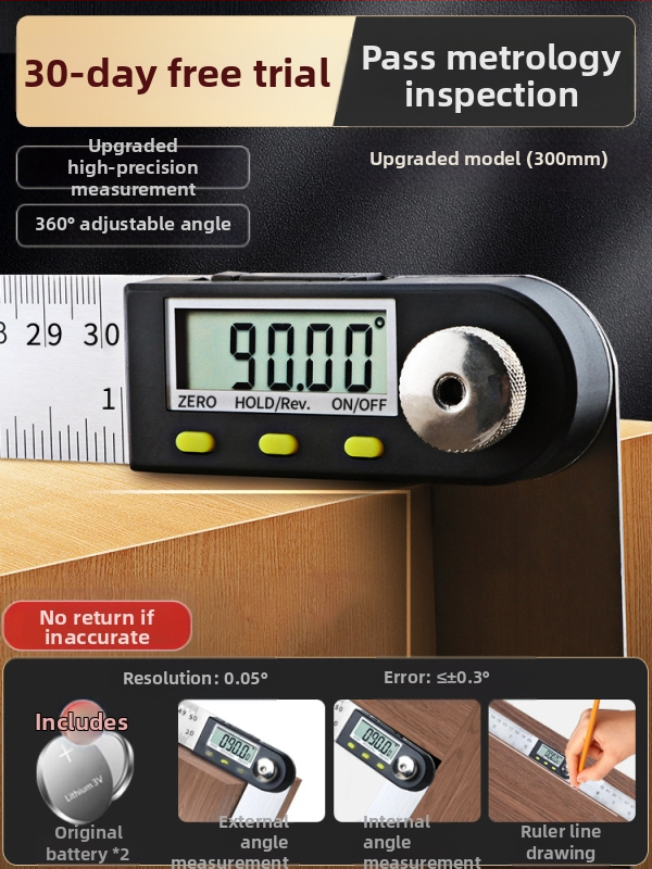 Ηλεκτρονικός ψηφιακός χάρακας γωνίας με οθόνη — υψηλής ακρίβειας, 360° πολυλειτουργικός χάρακας από ανοξείδωτο ατσάλι