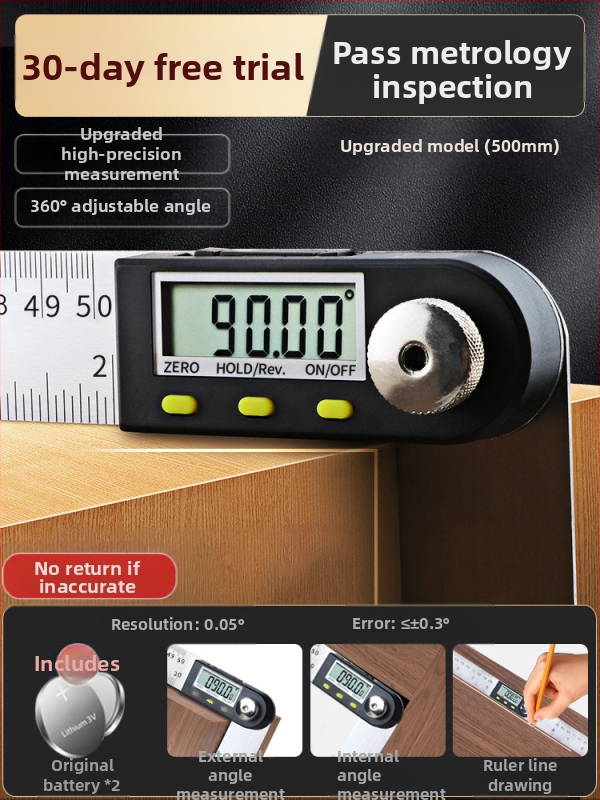 Ηλεκτρονικός ψηφιακός χάρακας γωνίας με οθόνη — υψηλής ακρίβειας, 360° πολυλειτουργικός χάρακας από ανοξείδωτο ατσάλι