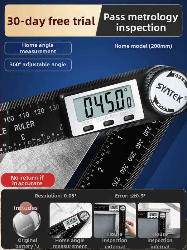 Ηλεκτρονικός ψηφιακός χάρακας γωνίας με οθόνη — υψηλής ακρίβειας, 360° πολυλειτουργικός χάρακας από ανοξείδωτο ατσάλι