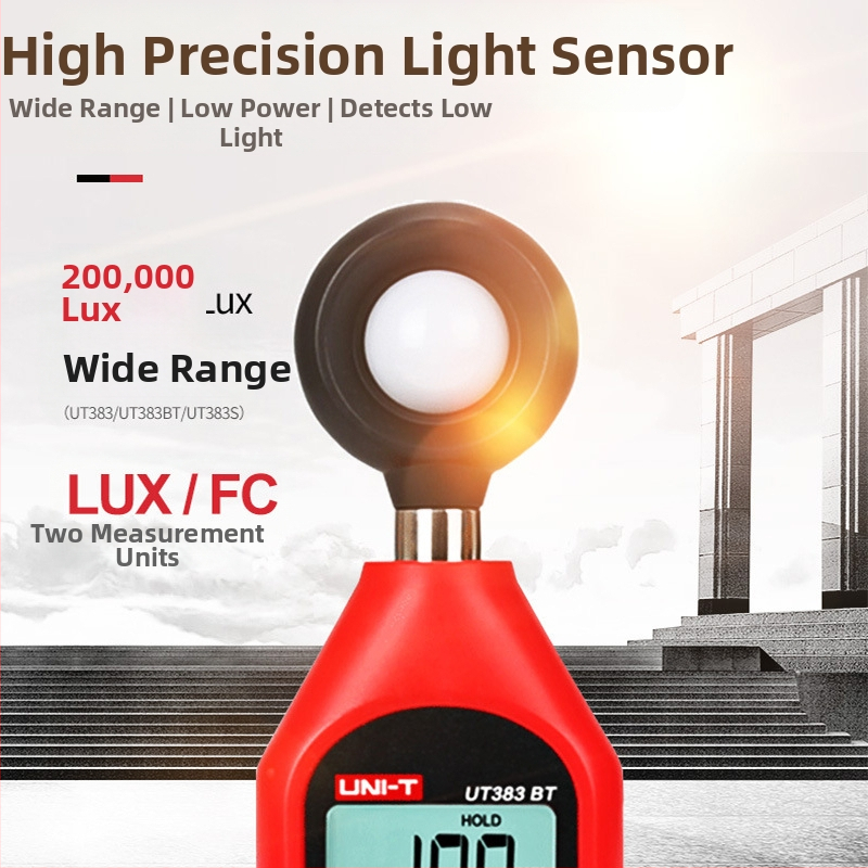 Дигитален измервател на осветеност UT383 – диапазон 0–199999 лукса, резолюция 1 лукс, точност ±(4% rdg+8 dgts)