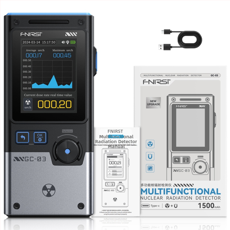 FNIRSI GC-03 Гейгер брояч – измерва радиация, електрично и магнитно поле; точност 0.01 μSv/h, 1 V/m, 0.01 μT; подходящ за дома, офис, кола и открита среда